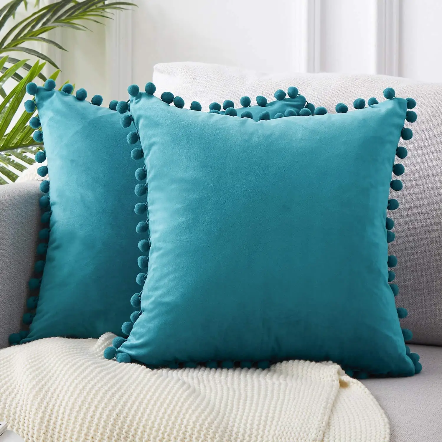 Velvet Decorative Cushion with Ball Home Decor Sofa Pillowcase  Pure Color Drop Ball Plush Car Home Office Throw Pillowcase 