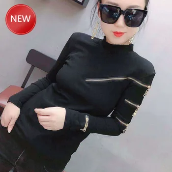 

Woman Tshirts Femme Strechy Cotton T-shirts Lady Zipper Pullovers Tp[s Crop Top Women Aesthetic Clothes