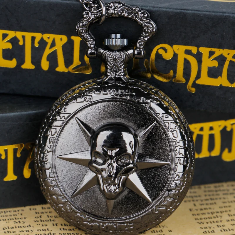 

Personality Black Skull Quartz Pocket Watch FOB Chain Clock Male and Female with Children's Women Men Gifts