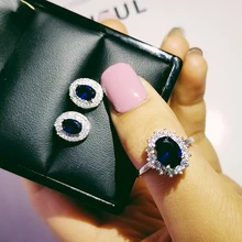 925 пробы серебряные ювелирные изделия набор halo обручальное кольцо круглые серьги-гвоздики для свадьбы подарок на Рождество вечерние J4944-blue