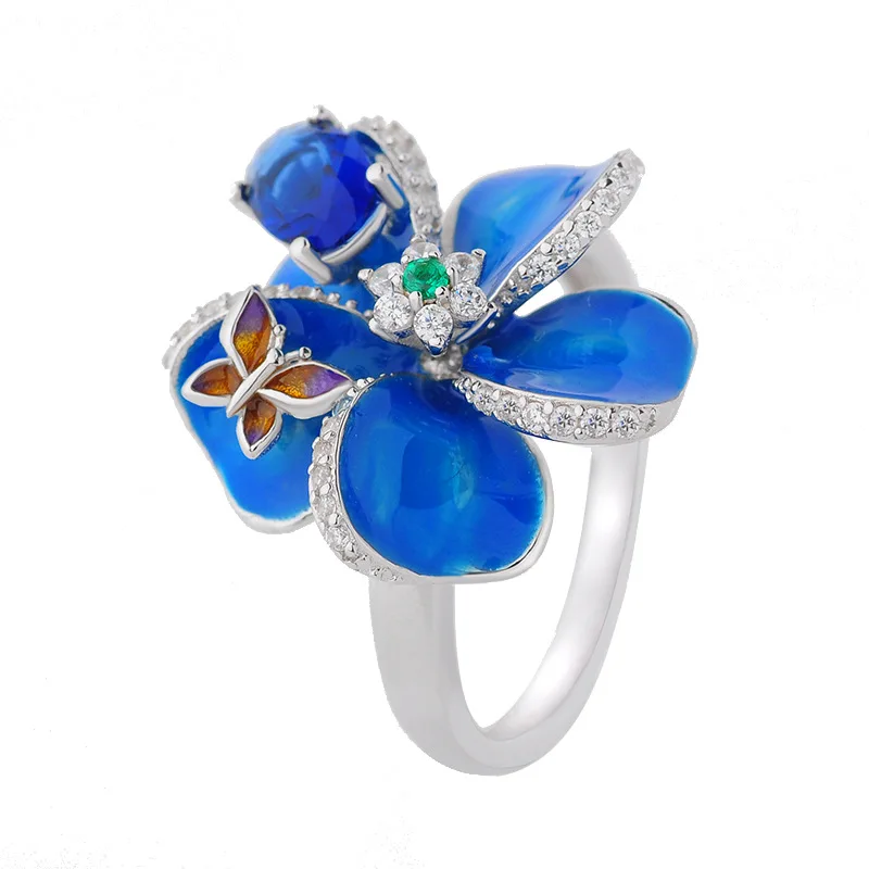 

Trendy Jewelry Handmade Enamel Butterfly Flower Silver Rings For Women Delicate Elegant Peach Blossom Wedding Engagement Rings