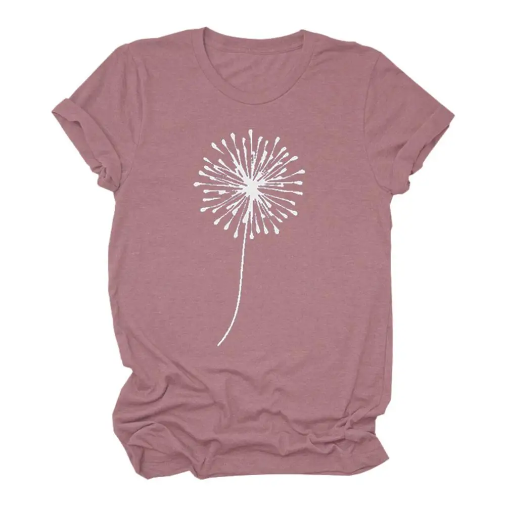 

women Dandelion Print T-shirt summer Short Sleeve thin tops O-collar Casual solid color Short Sleeve tops lady Loose T-shirt