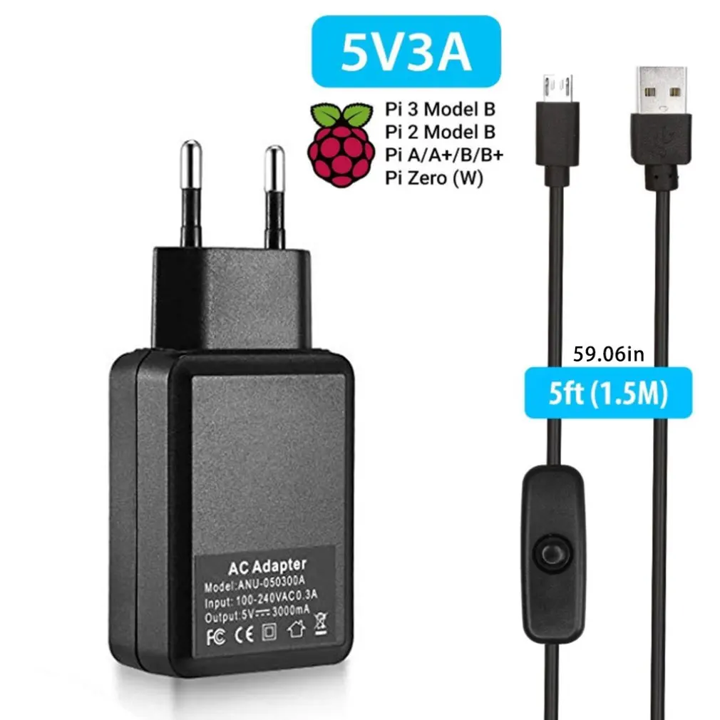 Raspberry Pi 2/3b 3b+ 5v 3a ЕС Европейский адаптер питания зарядное устройство с ключом переключатель кабель для передачи данных