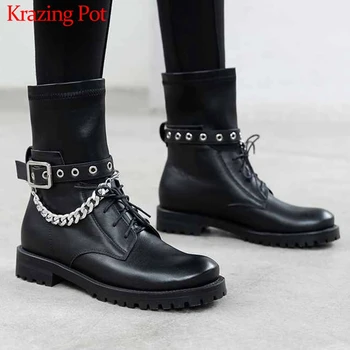 

krazing pot winter genuine leather vintage Chelsea boots round toe low heels winter rivet metal chains luxury mid-calf boots L09