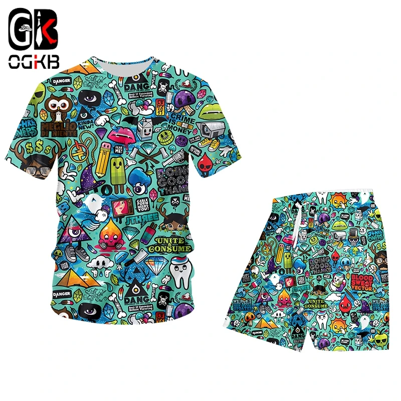 OGKB Oversize Men Sets Casual Summer 2 Pieces Suits Green Multi-element Graffiti 3D Printed T Shirts And Shorts Pants Tracksuit men sets summer tracksuit for man fashion 3d printed casual short sleeves t shirt shorts suits streetwear oversize clothes