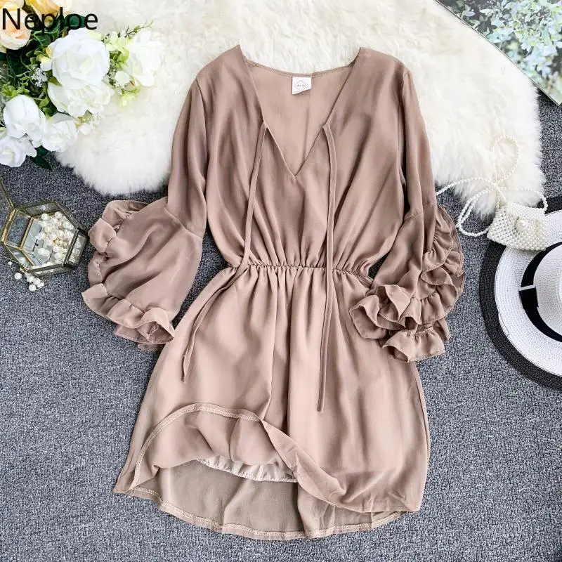 

2019 autumn and summer new dress V-Neck Lace-up Clothe Flare Sleeve Ruffle Waist-controlled Slim Vestidos plus size dress