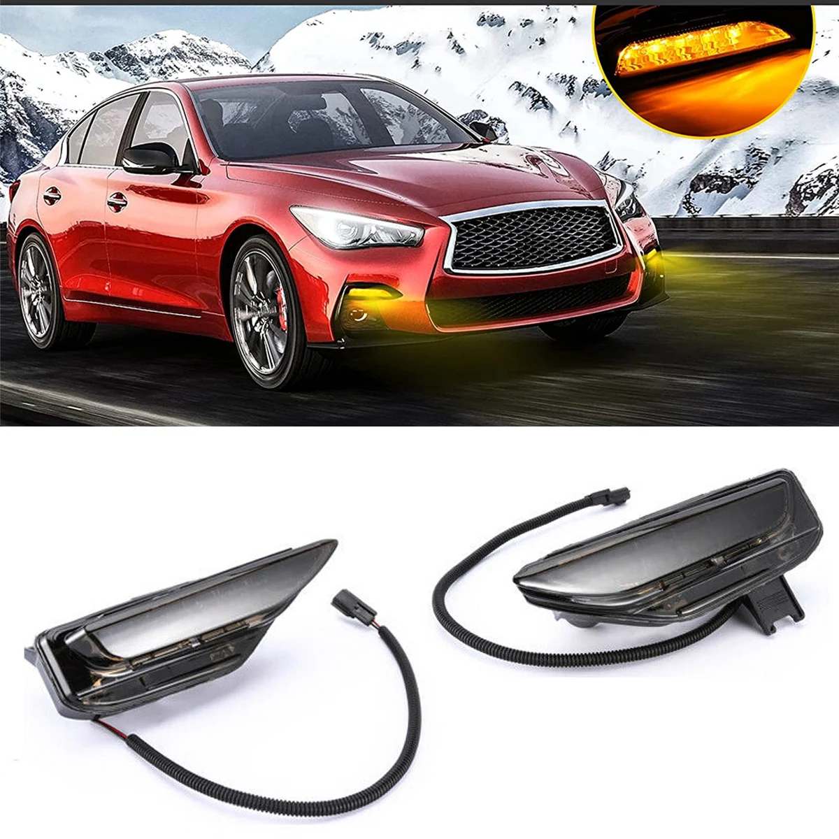 

2PCS Amber LED Front Bumper Turn Signal Light Lower Fog Lamp DRL For Infiniti Q50 Q50S Sport 2014-2020 Car Styling