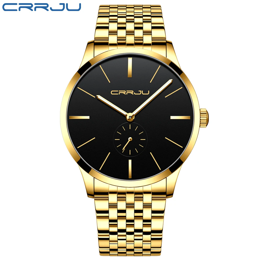 Топ продаж люксовый бренд CRRJU мужские часы классические бизнес нержавеющая сталь мужские наручные часы модные водонепроницаемые часы Relogio Masculino - Цвет: gold black