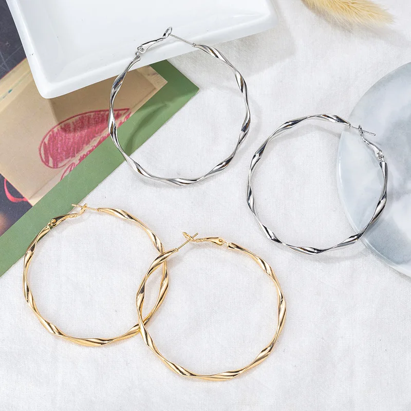 

Gold Silver Color Round Hoop Earrings For Women Big Circle Loop Earring Twisted Geometric Earings Metal Jewellery