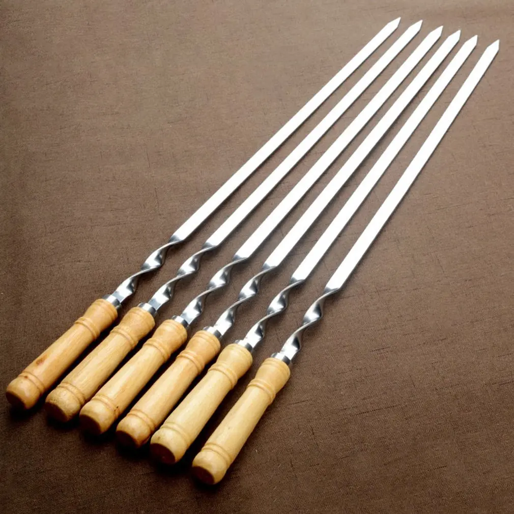 Stainless Steel BBQ Skewer Wooden Handle BBQ Needle Reusable Barbecue