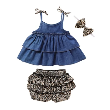 

Baby Kid Girl Summer Clothes Set 3pcs Denim Sleeveless Vest Tops +Leopard Shorts+Headband Outfits Clothes Set 1-5Years