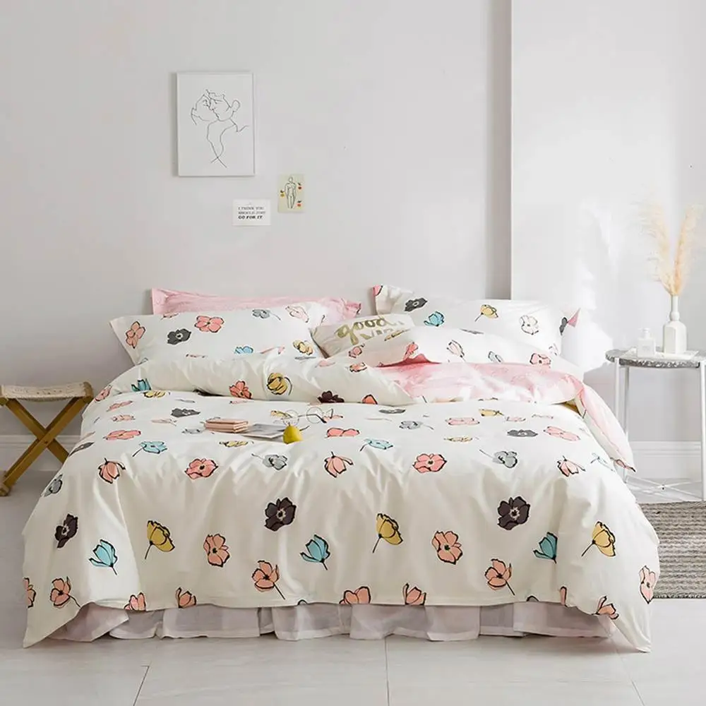 

2019 Floral Flowers Beige Duvet Cover Set High Count Density Cotton Bedlinens Twin Queen King Flat Sheet Fitted Sheet Bedding