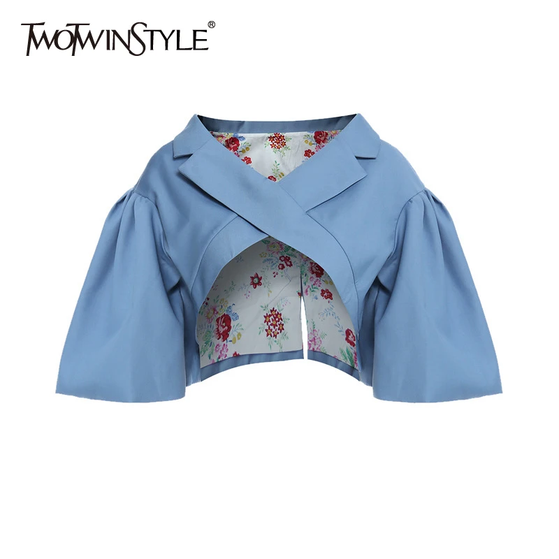 

TWOTWINSTYLE Print Backless Blazer For Women Notched Collar Half Sleeve Elegant Short Tops Female Fashion Clothing 2020 Summe
