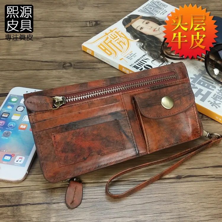 

Hand-rub Color Leather Wallet Women's Men's Long Retro Full-grain Leather Card Bit More Zipper Mobile Phone Coin Pocket Wallet