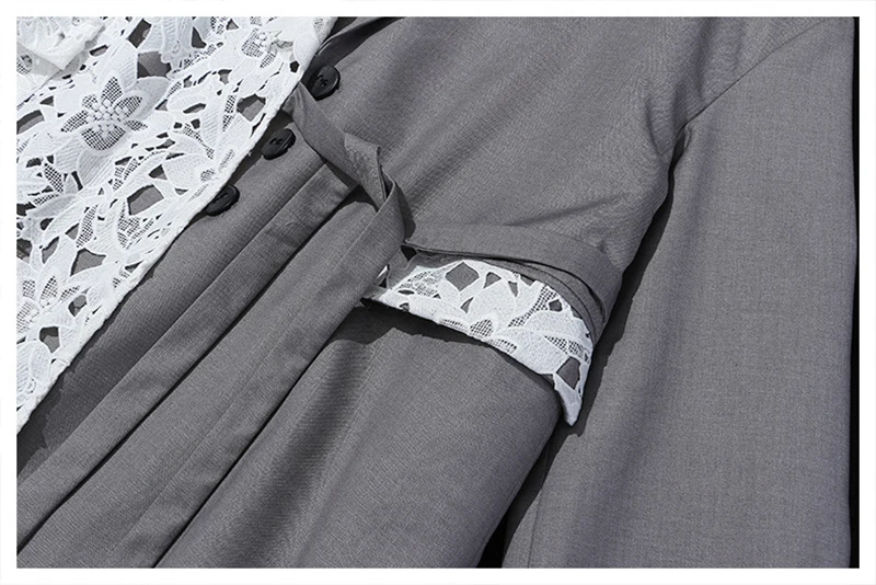 [EAM] женский серый кружевной блейзер с разрезом, свободный пиджак с отворотом и длинным рукавом, модный весенний осенний 1N505
