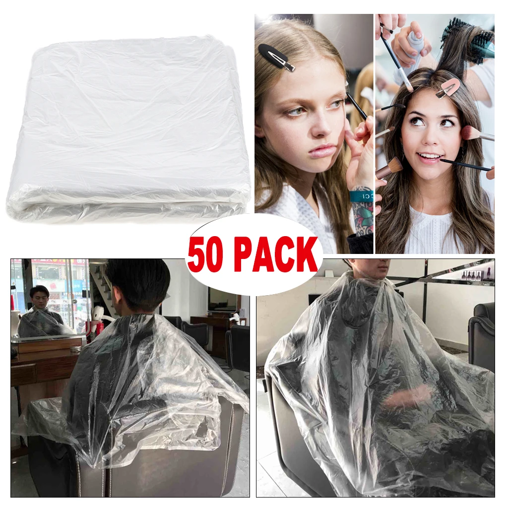 50x Disposable Haircut Capes Clear Barber Home Shawl Apron Cloth + 8x Hair Clips