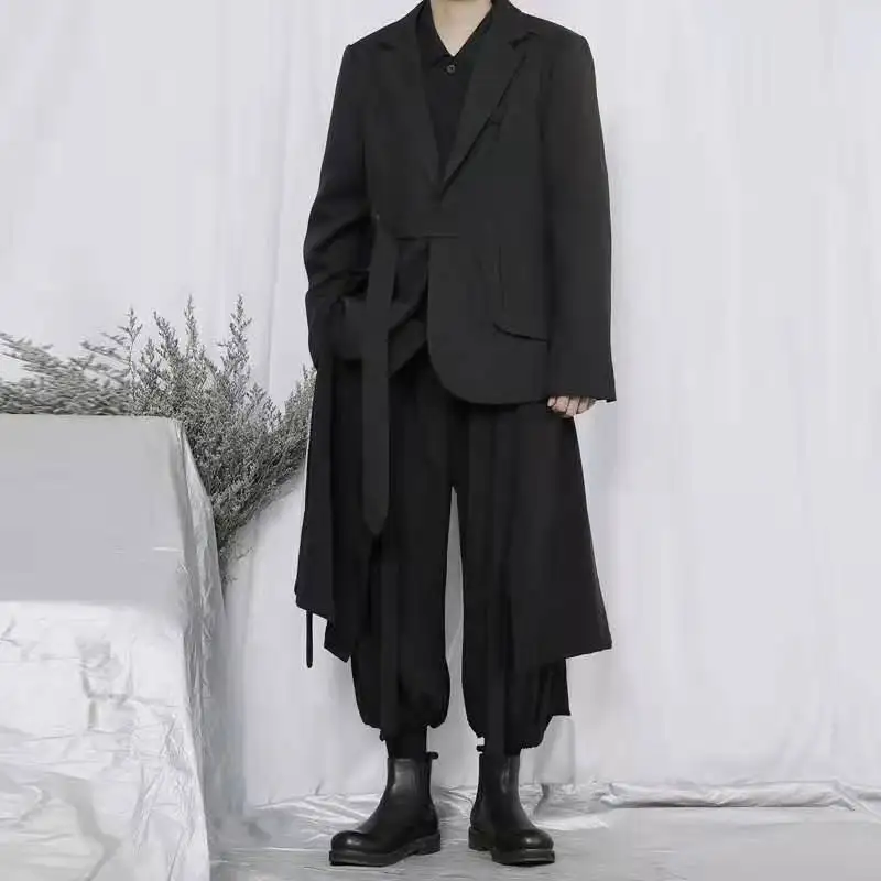 Men's new suit Yamamoto style dark black belt buckles design fashion youth suit loose large size casual coat yohji yamamoto unravel 21 38 50