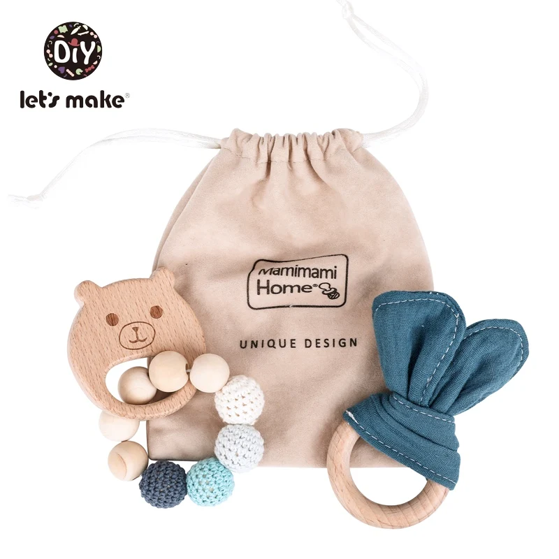 Детское Зубное кольцо от компании Let's Make; зубное кольцо из Вязаные бусы из бука Медсестра подарок» и кроличьими ушками, пальто браслет кольца древесины против грызунов нового дизайна без латекса 2 шт./компл. деревянные заготовки