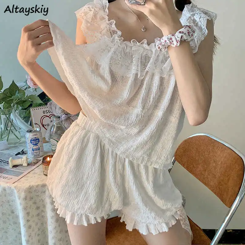 

Pajama Sets Women Soft Summer White Design Lovely Ins Lounge Japan Style Sleep Wear Kawaii Spaghetti Strap Lace Sleeveless Solid