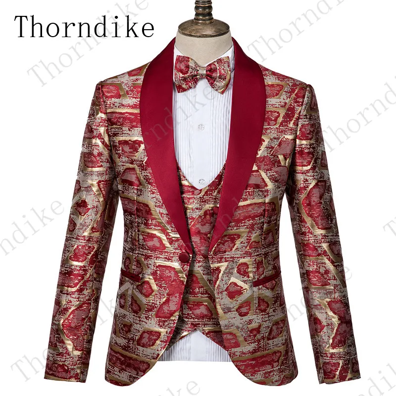 Thorndike золотой цветочный узор Красный костюм для мужчин высокое качество 3 шт Мужские свадебные костюмы Свадебный Выпускной костюм сценический костюм с принтом