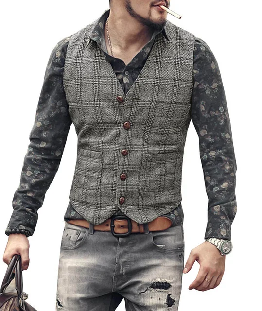 Tailored Mens Suit Vests Men Black Waistcoat Man Plaid Steampunk Jacket Striped Tweed V Neck Slim Fit Gilet Wedding Clothing