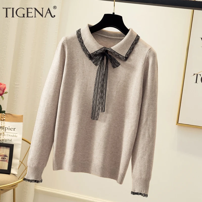 Kopen TIGENA Vrouwen Truien en Pullovers 2019 Herfst Winter Korwan Kawaii Leuke Kant Turn down Kraag Gebreide Trui Fmeale Jumper vrouwen
