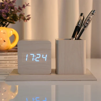 

Led Wooden Alarm Clock New Creative Pen Holder And Sound Control Mute Led Wood Clock Study Room Electronic Gift Fashion Horloge