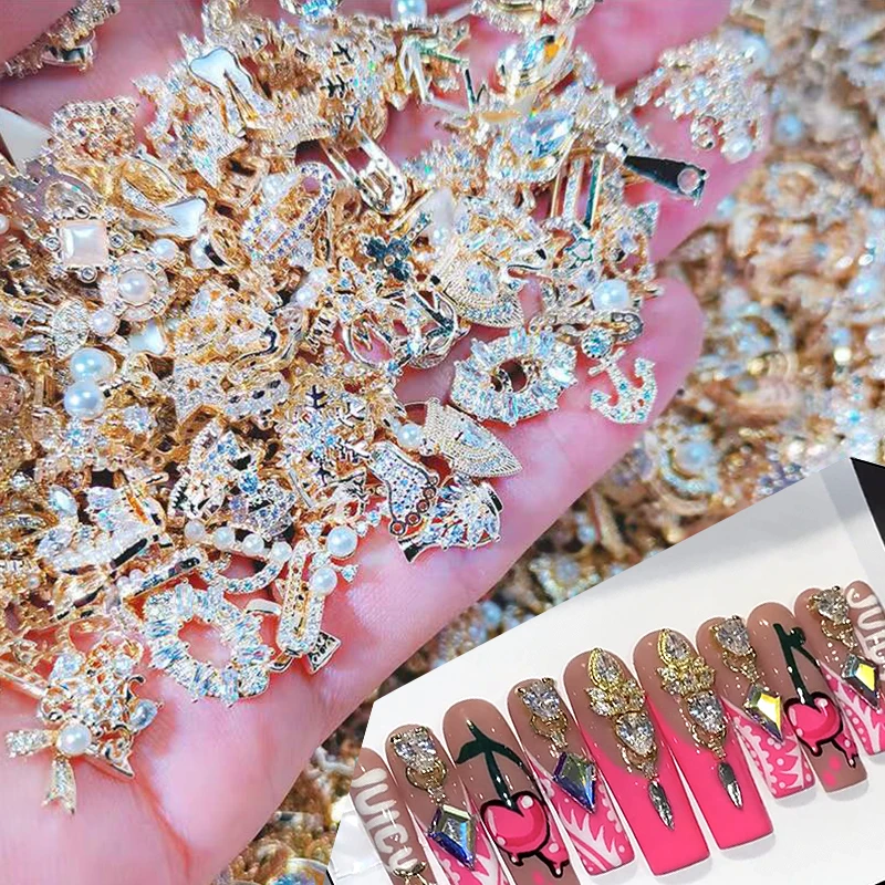 50 Stks/partij Metalen Zirkoon Nail Charms Elegant Vormen Steentjes Decoratie Met Goud Legering Mix Stijlen Kristallen Gem Nail Supply