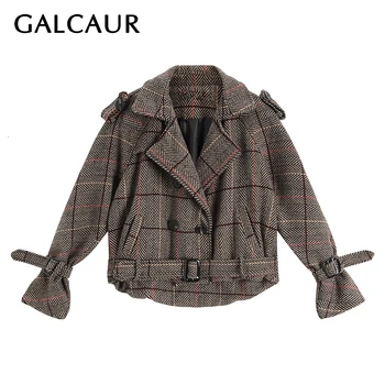 

GALCAUR Vintage Plaid Women's Jacket Lapel Collar Long Sleeve Tunic Sashes Pocket Lace Up Short Coat Tops 2020 New Clothes