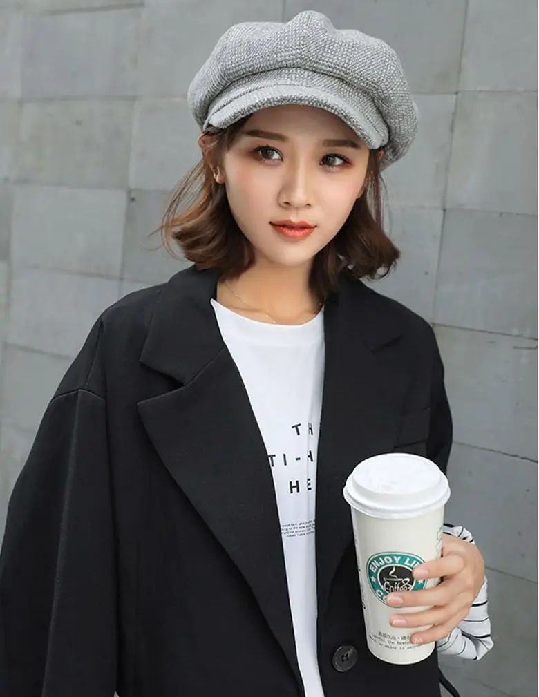 Клетчатая ткань casquette осень зима восьмиугольная кепка Винтажный стиль живопись шляпа художника уличная шляпа - Цвет: grey