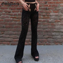 Goth Dark Chic Cut Out Gothic Black Pants Y2k Women Autumn Vintage Floral Printed Flare Trousers Bodycon High Waist Streetwear