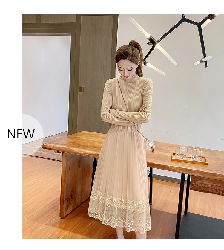 Женское платье-свитер с внутренним низом, Осень-зима, новое корейское кружевное платье с вышивкой, с длинным рукавом, вязаное платье CX318