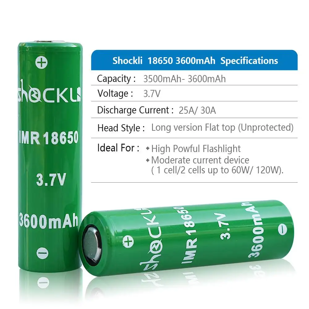 2 шт 3,7 V Shockli IMR 18650 аккумулятор 3600mAh 20A литий-ионная аккумуляторная батарея с плоским верхом чехол для фонарика