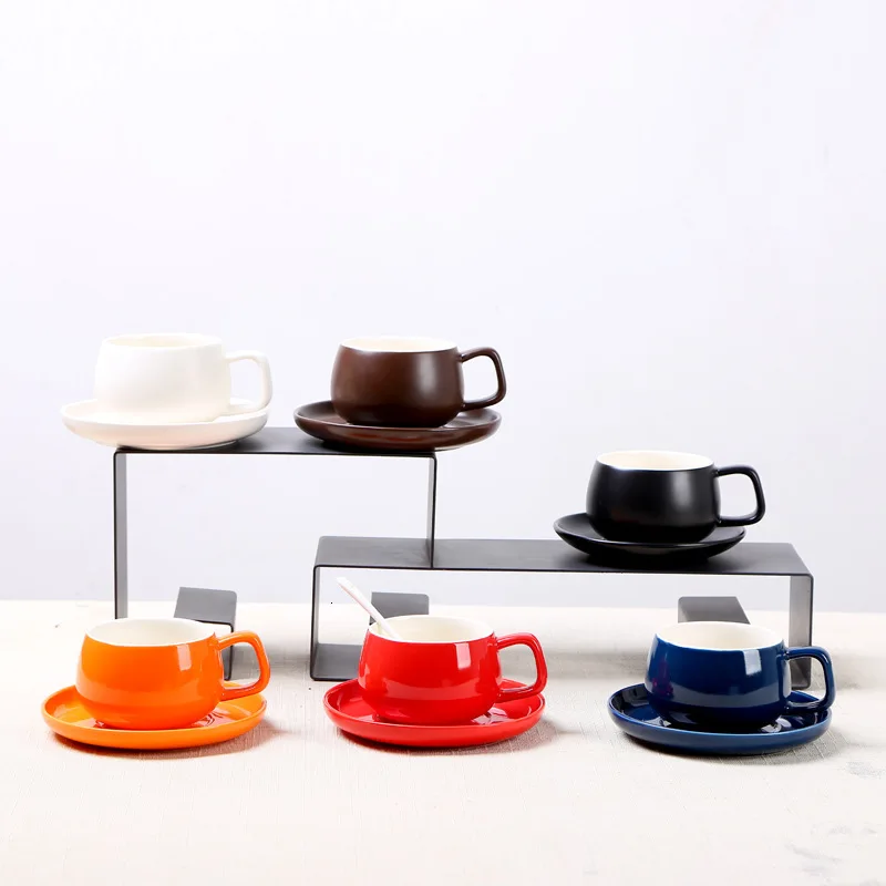 

300-400ml Macaron Wide Mouth Ceramic Cappuccino Coffee Mug Cup With Saucer Sets Simplicity European Thick Colored Espresso Cups