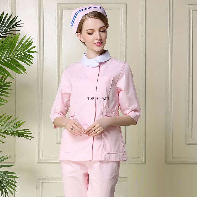 pink set Женский скраб набор медицинская Униформа Спа Уход за здоровьем рабочая одежда боковое отверстие пальто с воротником Питер Пэн - Цвет: pink set