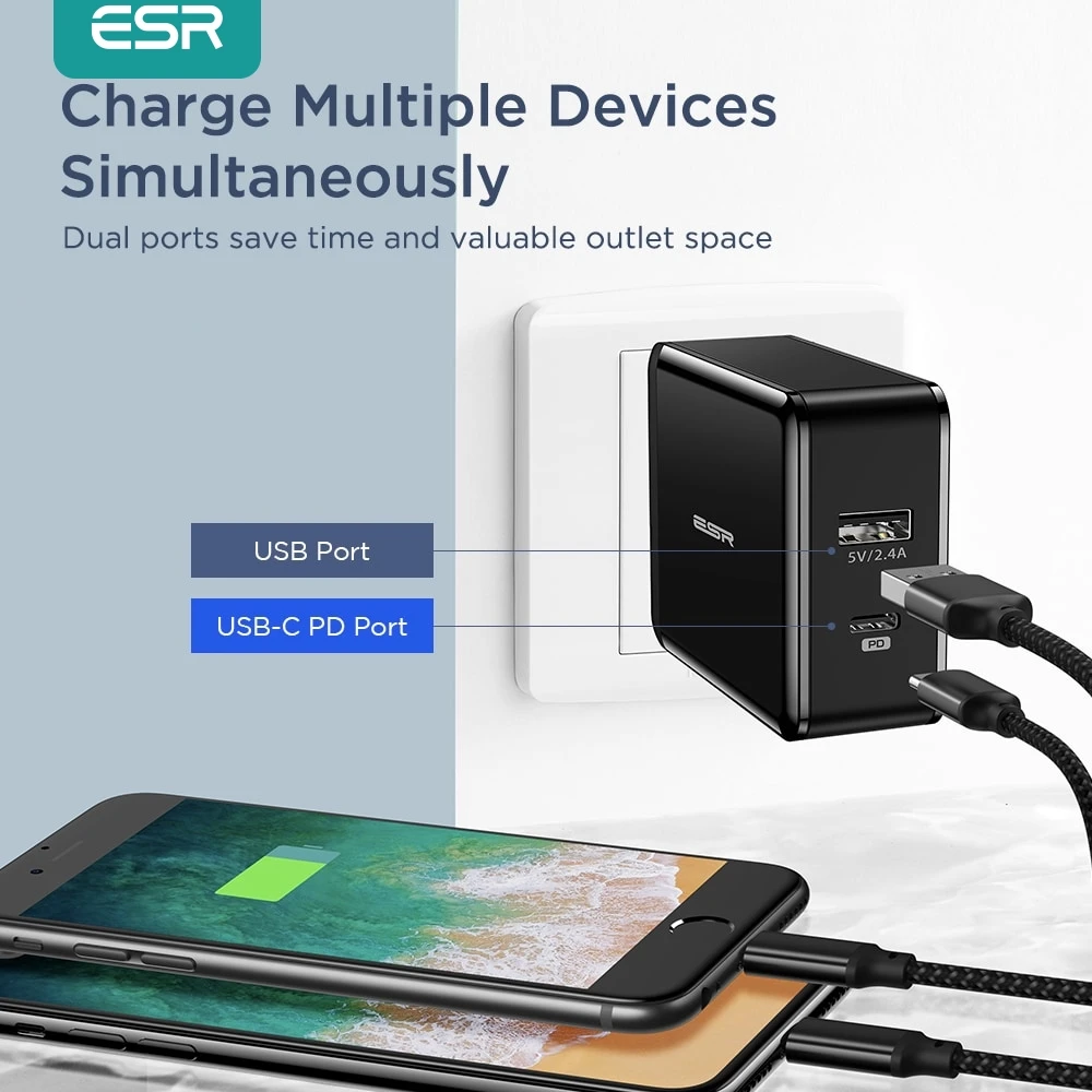 Зарядное устройство ESR с двумя портами USB C 30 Вт для iPhone XS/XR/XS Max iPad | Мобильные