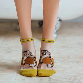 

Spring and Summer New Short Stockings Women Japanese Cute Kawaii Cat Card Stockings Glass Silk Socks Ladies Summer Thin Cartoon