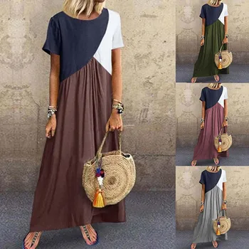 

Hot Womens Loose Dress Geometric Stitching Irregular Short-sleeved Round Neck Long Dress hh88