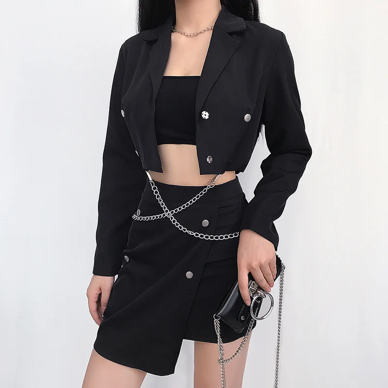 

2019 Autumn Women's Crop Blazers Harajuku Chic Chain Long Sleeve Notched Casual Blazers Girls Punk Streetwear Coats Blazer