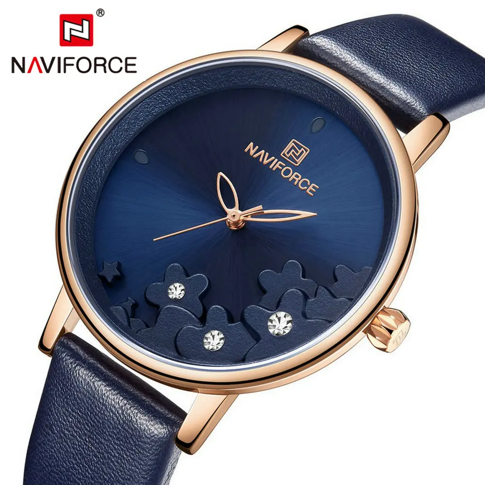 

NAVIFORCE Fashion Simple Women Watches Luxury Waterproof Ladies Quartz Watch Blue Leather Strap Crystal Iced Out Flower Clock