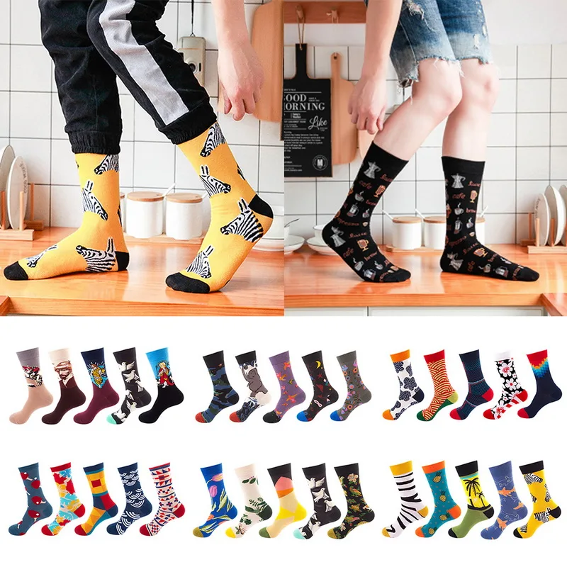 

5 Pairs Creative Cotton Harajuku 3D Vintage Cotton Oil Painting Creative Painting Gothic Street Men's and Women's Couples Socks