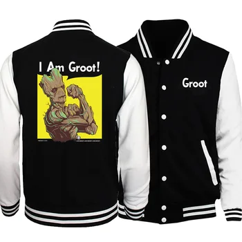 

Men color matching collar trend i'm groot print base double-sided pattern fluffy fleece sweatshirt 2019 fall winter casual coats