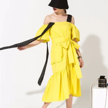 

LANMREM 2020 Summer New Fashion Women's Dress Temperament Double Pockets Tie Strap Patchwork Ruffle Clothing Hot Sale SM12207