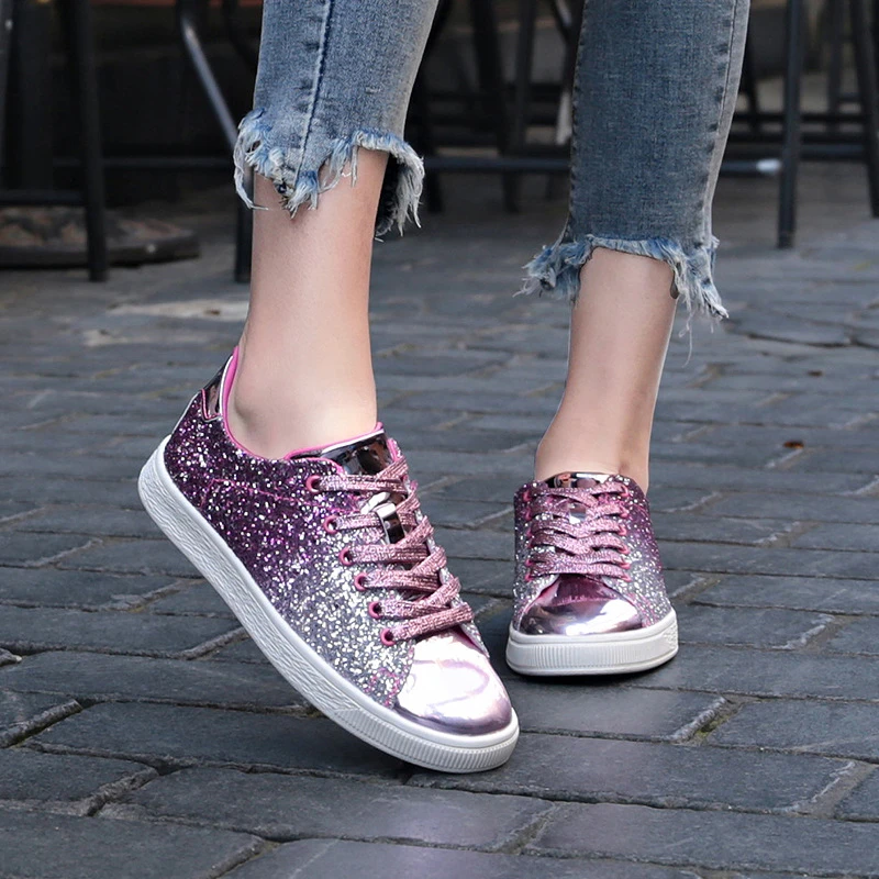 Zapatillas de deporte informales con lentejuelas brillantes para mujer, zapatos vulcanizados purpurina, transpirables, con cordones, para deportes al aire libre|Zapatos vulcanizados de mujer| - AliExpress
