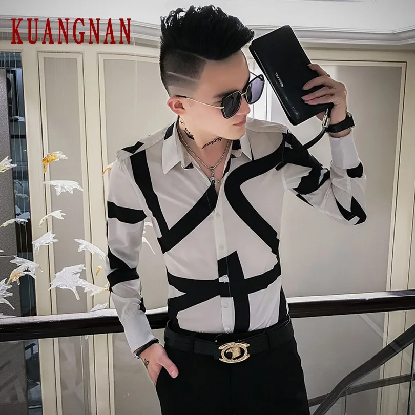 KUANGNAN полосатая белая рубашка Мужская Уличная рубашка с длинным рукавом Мужская модная блузка мужские рубашки с длинным рукавом XXXL осень