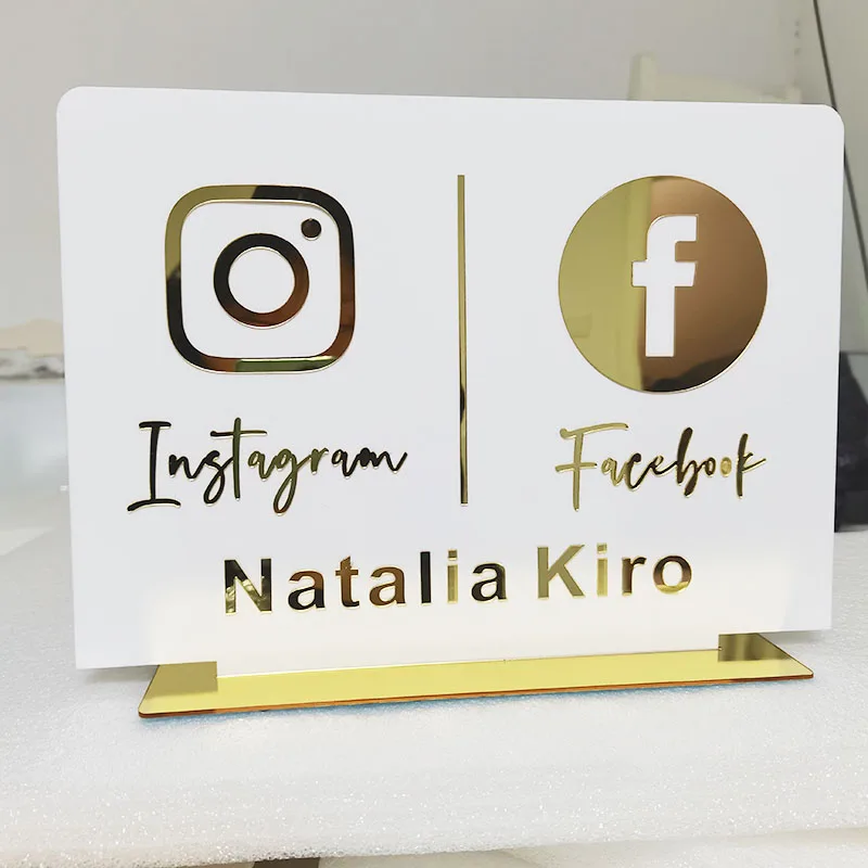 Instagram Facebook White Table Sign Personalized Mirror Gold Acrylic Laser Cut Instagram Facebook Shop Store Sign