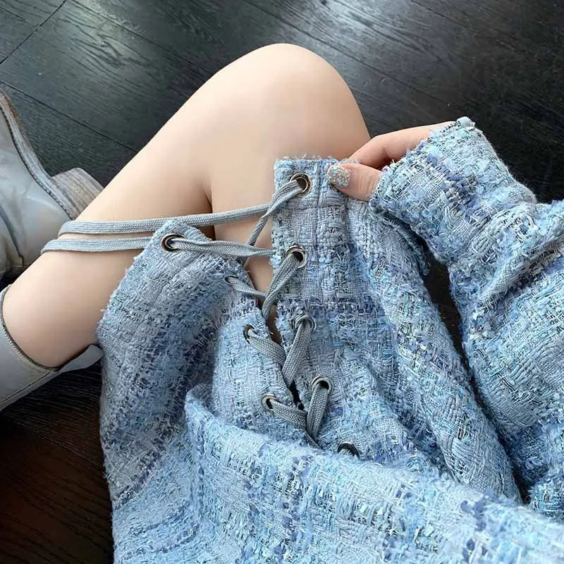 Thin Mid-length Tweed Jacket Female Plaid Blue