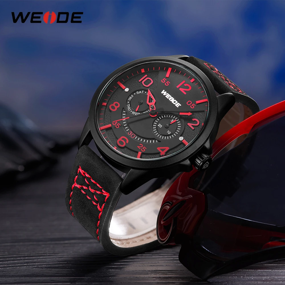 WEIDE, новые модные часы, аналоговый механизм, три циферблата, ремешок из натуральной кожи, мужские часы, Топ бренд, военные кварцевые наручные часы
