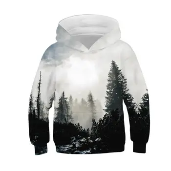 

Fashion Girls Boys Sweatshirt European and American Black White Forest Print Unisex Hoodies Kids Clothing Children Sport Tops