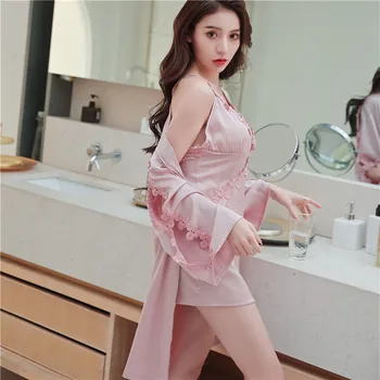 

Nightwear Women 2PCS Kimono Gown Bride Wedding Robe Set Home Clothing Intimate Lingerie Satin Sexy Homewear Sleep Set Sleepwear